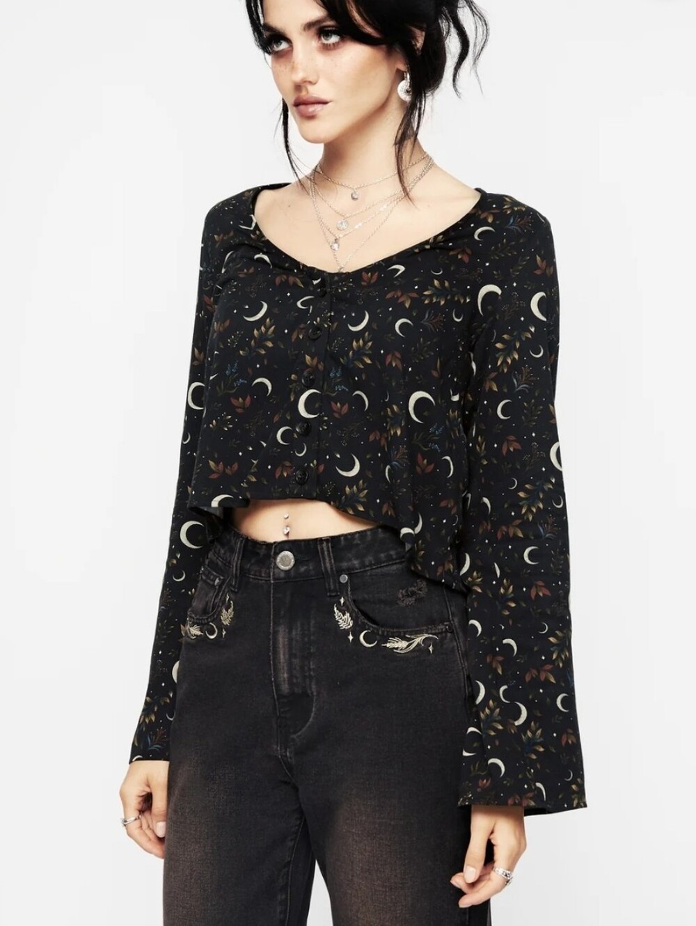 Disturbia Black Crescent Moon Print Long Sleeve Crop Top